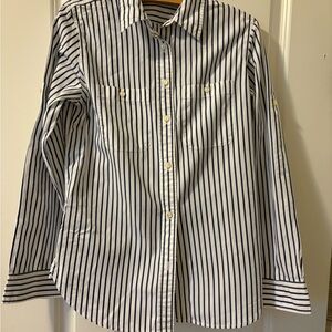 Blue and White Long Sleeve Fitted Dress Shirt